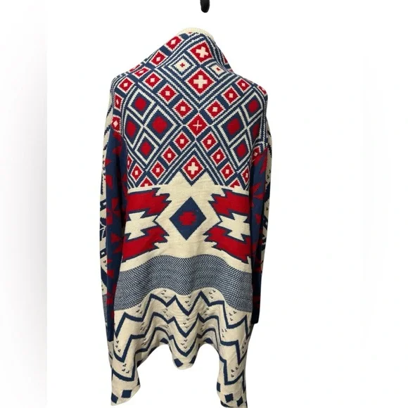 Pinklicious Women’s Open Front Cardigan Sweater Aztec Tribal S/M Boho Red Blue - Picture 1 of 10